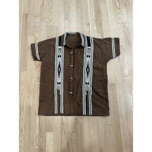 Men’s Vintage Guayabera Shirt Brown Woven Stripe Wood Button M/L Resortwear